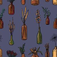 Hand gezeichnet nahtlos Muster von Vasen, Flaschen und Gläser von Blumen, Pflanzen. bunt Blumen- Ornament von Jahrgang Skizzen vektor
