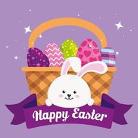 glad påsk kort med ägg i korg flätad och kanin vektor