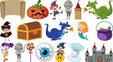 Reihe von isolierten märchenhaften Zeichentrickfiguren und Objekten