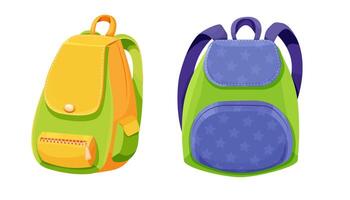 skola ryggsäck ryggsäck studie väska, Utrustning, barn väska med fickor ljus färger isolerat på vit bakgrund. tillbehör för förråd, bagage. vektor