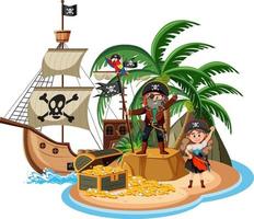 Piratenschiff auf der Insel mit Piraten-Cartoon-Figur isoliert auf weißem Hintergrund