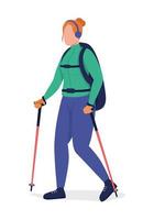 Frau auf Nordic Walk halbflacher Farbvektorcharakter. posierende Figur. Ganzkörper-Person auf weiß. Erholung im Freien isoliert moderne Cartoon-Stil Illustration für Grafikdesign und Animation vektor