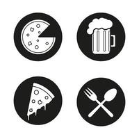 pizzeria svarta ikoner set. menyalternativ för kaféer och restauranger. pizza skiva, öl mugg och matställe symboler. vektor vita illustrationer i cirklar