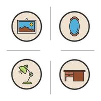 Möbelfarbe Icons Set. moderne Hauseinrichtungsgegenstände. gerahmtes Bild und Wandspiegel. Bürotisch und Schreibtischlampe. isolierte Vektorgrafiken vektor