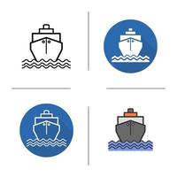 fartyg platt design, linjär och färg ikoner set. sjötransportfartyg. frakt. symboler för kontur och långa skuggor. fartygets logotyp koncept. isolerade vektorillustrationer. infografiska element vektor