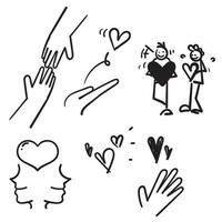 handritad vänskap och kärlek vektor linje ikoner set. relation, ömsesidig förståelse, ömsesidig hjälp, interaktion. doodle stil