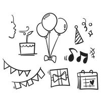 Handgezeichnete Happy Birthday Party Symbolsatz im Doodle-Stil Vektor isoliert