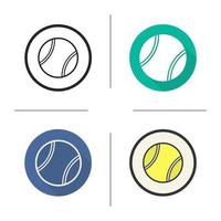 Tennisball flaches Design, lineare und Farbsymbole gesetzt. Sportausrüstung. Tennis. Kontur- und lange Schattensymbole. Tennisball-Logo-Konzepte. isolierte Vektorillustrationen. Infografik-Elemente vektor