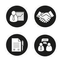 Business schwarze Symbole gesetzt. Präsentation mit Grafik, Handshake, unterzeichnetem Vertrag und Symbolen für Geschäftsgespräche. Vektorgrafiken von weißen Silhouetten im Kreis vektor