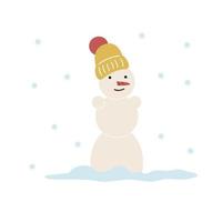 niedlicher Cartoon-Schneemann, der im Schnee steht, Winterpark, lächelnd. der charakter für das winterdesign des neuen jahres. einfache Vektorillustration im flachen Stil isoliert auf weißem Hintergrund vektor