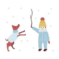 ein Kind auf einem Winterspaziergang, der mit einem Hund mit einem Stock spielt. Der Welpe hat Spaß mit dem Baby in warmer Winterkleidung. Vektor-Illustration im flachen Stil isoliert auf weißem Hintergrund vektor