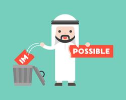 Arabischer Geschäftsmann ändert das unmögliche Zeichen in möglich und wirft Mülleimer ein vektor