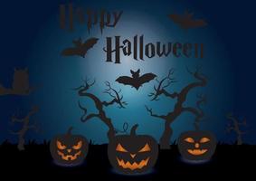 glückliche Halloween-Tapete. dunkle Kürbisse, Fledermäuse, Eule, Bäume vektor