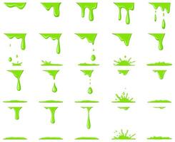 slem animation. droppande grön tecknad serie droppar och stänk, halloween flytande toxisk slem plumpar illustration uppsättning. grön slem animering vektor