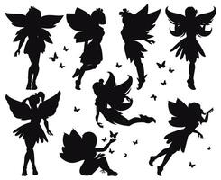 Karikatur Magie Fee Geschichte wenig Feen Silhouetten. magisch wenig Feen Mädchen fliegend mit Schmetterlinge Illustration Satz. süß Fantasie Elf Kreaturen vektor