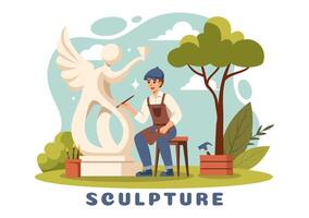 Stein Skulptur Illustration mit ein Handwerker Carving ein Felsen mit Bildhauerei Werkzeuge im eben Stil Karikatur Hintergrund Design vektor