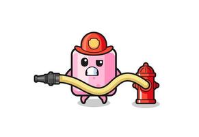 Marshmallow-Cartoon als Feuerwehrmann-Maskottchen mit Wasserschlauch vektor