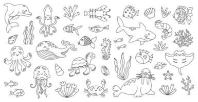 süß Meer Tiere Zeichen im Karikatur Stil. Färbung Buch isoliert auf Weiß Hintergrund vektor