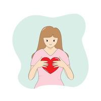 vektor - ung dam som håller rött hjärta på grön bakgrund. tecknad stil. alla hjärtans dag. kan användas för tryck, klistermärke eller kort.