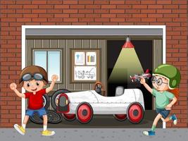 Garagenszene mit Kindern, die zusammen ein Auto reparieren vektor