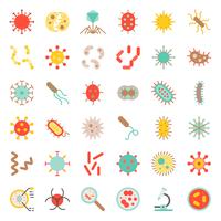 Bakterier och virus, söt mikroorganismer ikonuppsättning, platt stil vektor