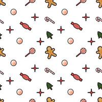 Lebkuchenmann, dekorativer Ball, Süßigkeiten, Stern, süß, Weihnachtsbaum nahtlose Hintergrundmuster. Perfekt für Winterurlaubsstoffe, Geschenkpapier, Sammelalben, Grußkarten-Designprojekte. vektor