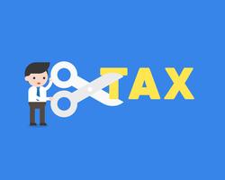 Affärsman som håller sax för att skära skattealfabetet, kostnadsreduceringskoncept vektor