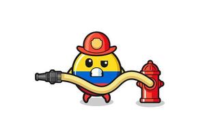 Kolumbien Flagge Cartoon als Feuerwehrmann Maskottchen mit Wasserschlauch vektor