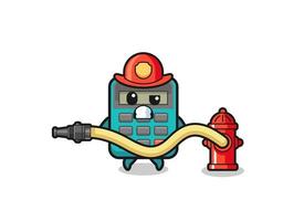 Taschenrechner-Cartoon als Feuerwehrmann-Maskottchen mit Wasserschlauch vektor