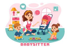 Babysitter oder Tagesmutter Dienstleistungen Illustration zum Pflege zum Babys, Bereitstellung zum ihr Bedürfnisse und spielen mit Baby im ein eben Karikatur Hintergrund vektor