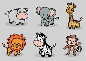 niedliches Tierset Nilpferd, Elefant, Giraffe, Löwe, Zebra, Affe Strichzeichnungen Cartoon vektor