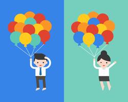 Söt affärsman och kvinna som håller ballonger, vektor illustration