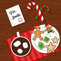 Weihnachtsessenhintergrund mit Lebkuchen, Zuckerstange und heißer Schokolade vektor