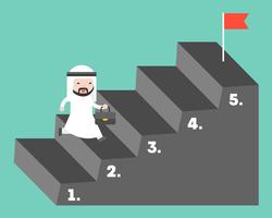 Söt arabisk affärsman klättrar upp steg för att nå målet vektor