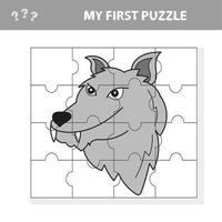 Vektor-Puzzle-Spiel für Kinder. Puzzle mit Wolf. Puzzle-Spiel für Kinder. vektor