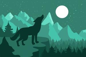 Wolf im nächtlichen Nadelwald in der Nähe der Berge unter Mond vektor