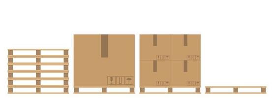 en uppsättning träpallar med kartonger av olika former isolerade på vit bakgrund. kartongpaket. förpackning av last. vektor illustration.