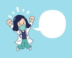 Cartoon glückliche Ärztin mit Schutzmaske und Sprechblase vektor