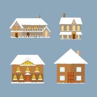 Weihnachtshaus mit Schnee auf dem Dach. Weihnachten dekoratives Haus mit Feuerkamin. mehrfarbige Häuser. süße weihnachtlich dekorierte häuser. Winter-Reihenhäuser und Cottage- und Vintage-Farben. vektor