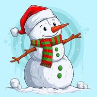 Frohe Weihnachten Schneemann Charakter mit Weihnachtsmann Mütze und Schal vektor