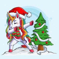 lustiges einhorn mit weihnachtsmannmütze und schal beim tupfenden tanz um den weihnachtsbaum vektor