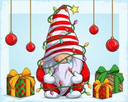 lustiger Weihnachtszwerg-Charakter, umgeben von Weihnachtsbaumlichtern und Geschenken an seinen Seiten vektor