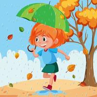 glückliches Mädchen im Regen mit Regenschirm vektor