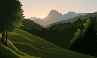 schön Sonnenaufgang Landschaft, Wald und Berge vektor