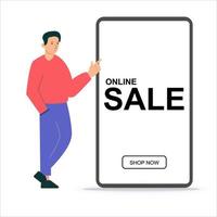 shopping onlinebutik, mobilt e-handelskoncept, män som visar onlineförsäljning på mobil vektor