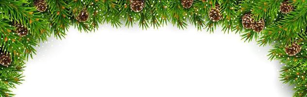 rechteckiger Rand aus immergrünen Fichtenzweigen, Tannenzapfen und Schneeflocken. für Weihnachtsdekorationen und Grußkartendesigns. isoliert auf weißem Hintergrund. realistischer Vektor