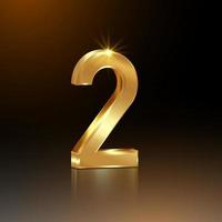 3D goldene Nummer zwei, 2, Vektor 2. Jahr Jubiläumsfeier Hintergrund, zweites Positionskonzept, goldenes Logo isoliert auf schwarzer Quadratschablone