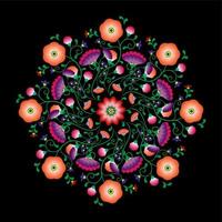 Stickerei Mandala Blumen Volksmuster mit polnischem und mexikanischem Einfluss. trendige ethnische dekorative traditionelle Blumen in symmetrischem Design, für Mode, Interieur, Schreibwaren. Vektor isoliert auf schwarz