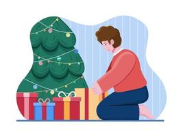 barn öppnar julklapp med glada ansikte. människor packar upp en julklapp. jul platt vektor tecknad illustration. kan användas för gratulationskort, vykort, banner, affisch, webb, etc.