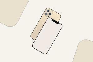 iphone mobile set vector mit einem cremefarbenen rahmen und einer dreifachkamera. Handy-Rückseite und Vorderseite mit leeren Bildschirmen. realistisches Handy, Rahmen, Dreifachkamera, Handy für Werbung.